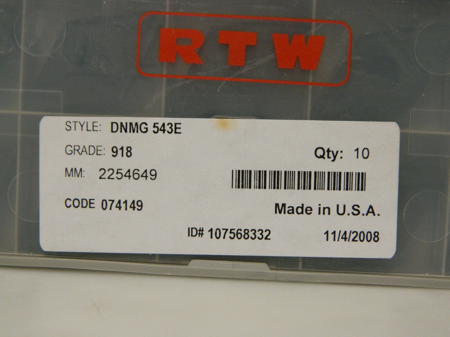 RTW Carbide Inserts DNMG543E Grade 918 Qty 10 2254649