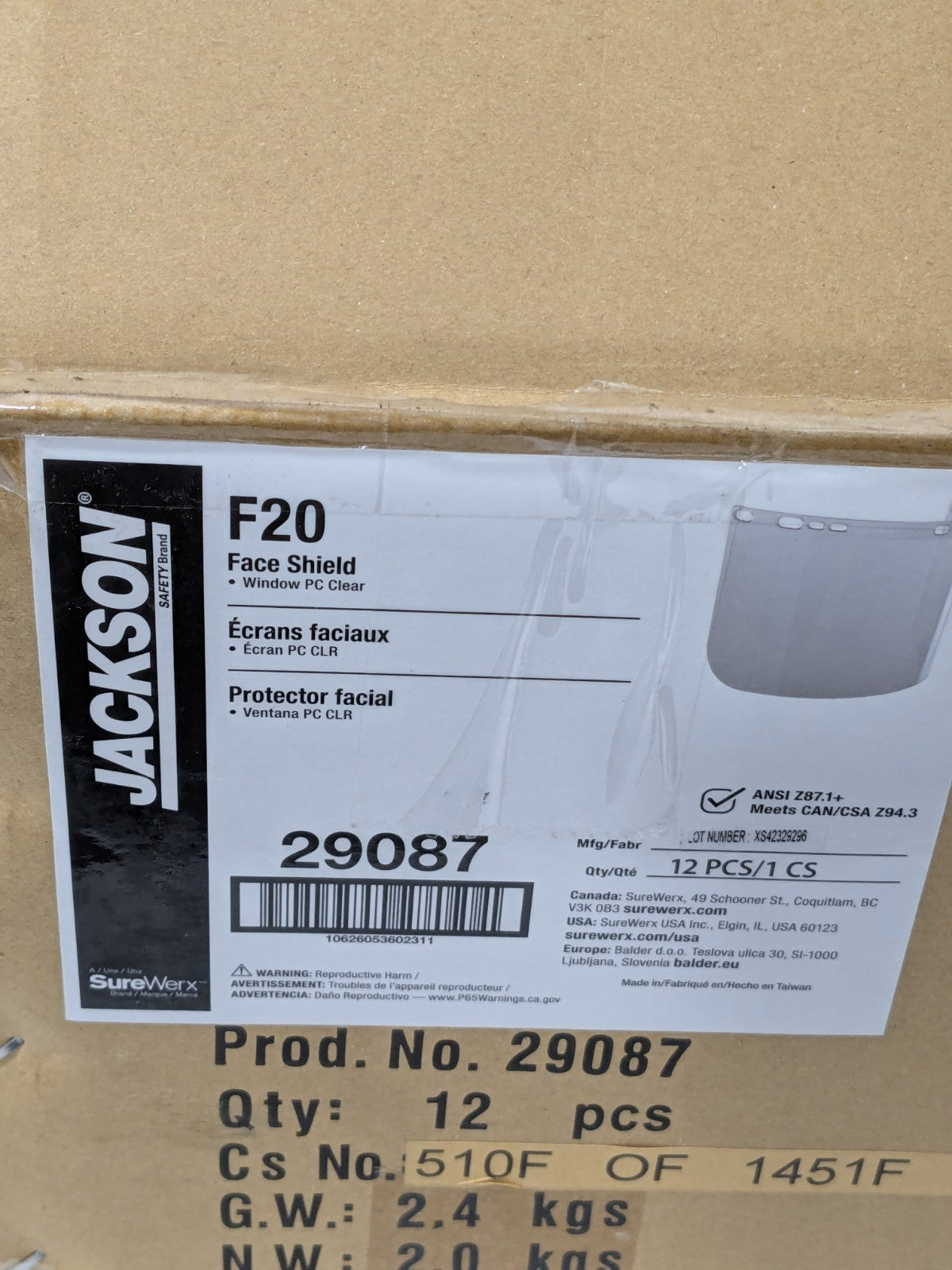 Jackson Face Shield Replacement Window 8" High, 0.06" Thick, F20 Qty 12 29087