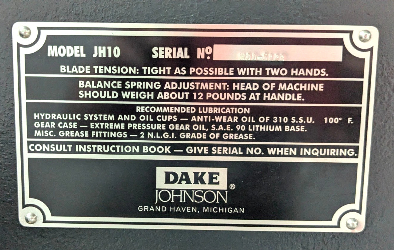 Dake Johnson JH10 10"x18" Bandsaw 1HP 110V 1ph USA Made *Needs Repair*