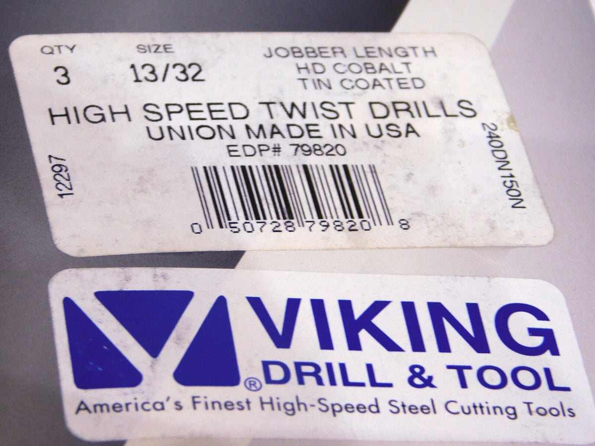 Viking Drill Cobalt TiN Jobber Lgth Drill 13/32 Dia 3-7/8 Fl Lgth Qty-3 79820