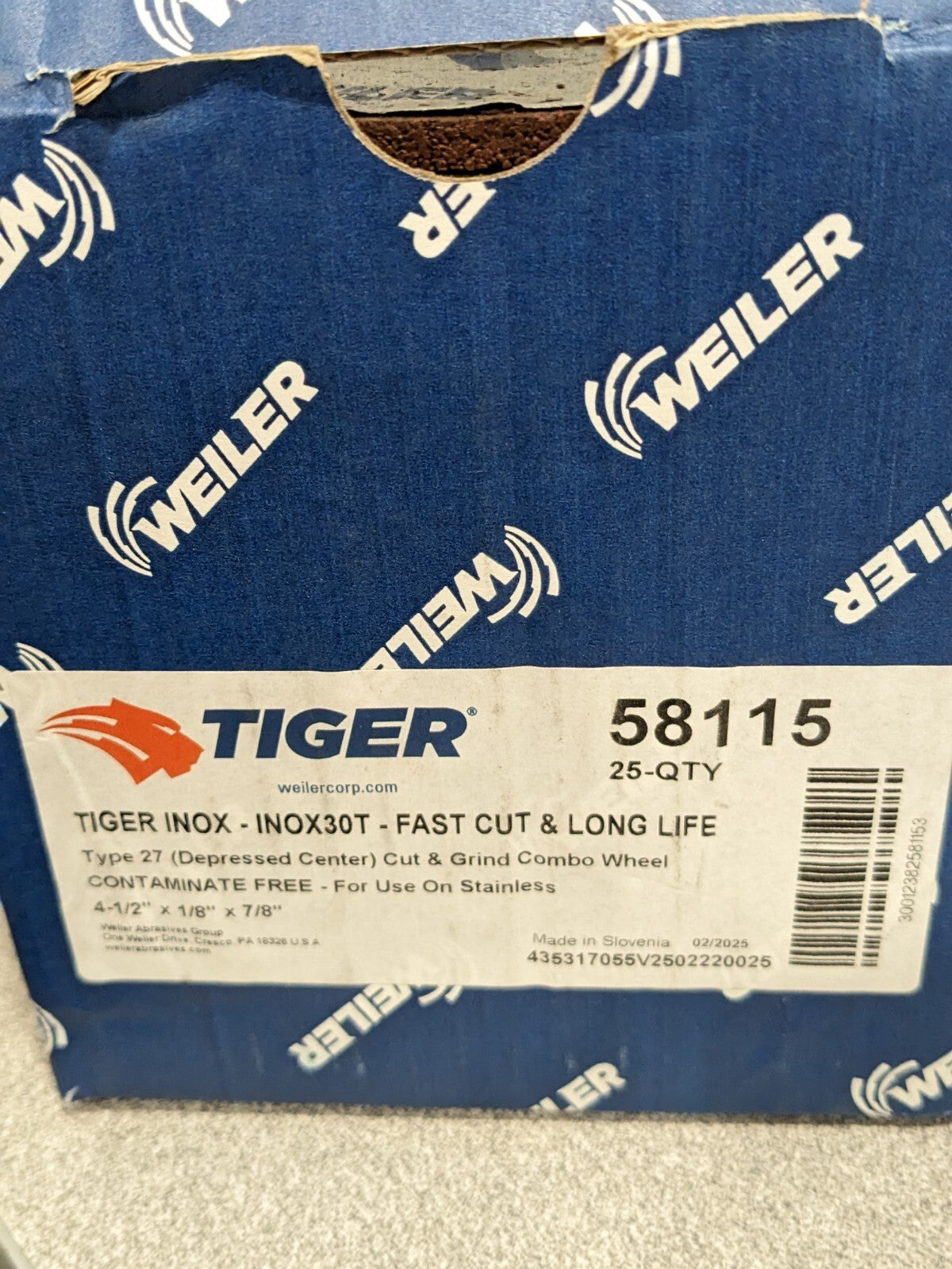 WEILER Depressed-Center Wheel: Type 27, 4-1/2" Dia, 1/8" Thick Qty 25 58115