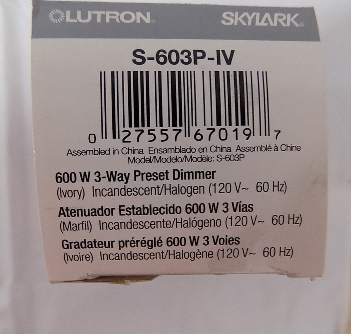 Lutron S-603P-IV Skylark 600W 3-Way Preset Slide Dimmer w/ Rocker Switch Ivory
