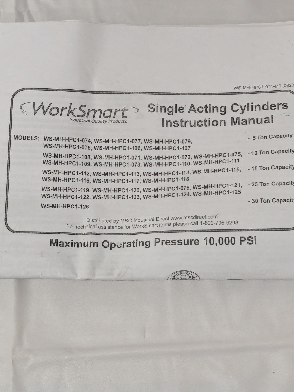 WorkSmart Portable Hydraulic Cylinder: Single Acting, 5.25 cu PS-MH-HPC1-119
