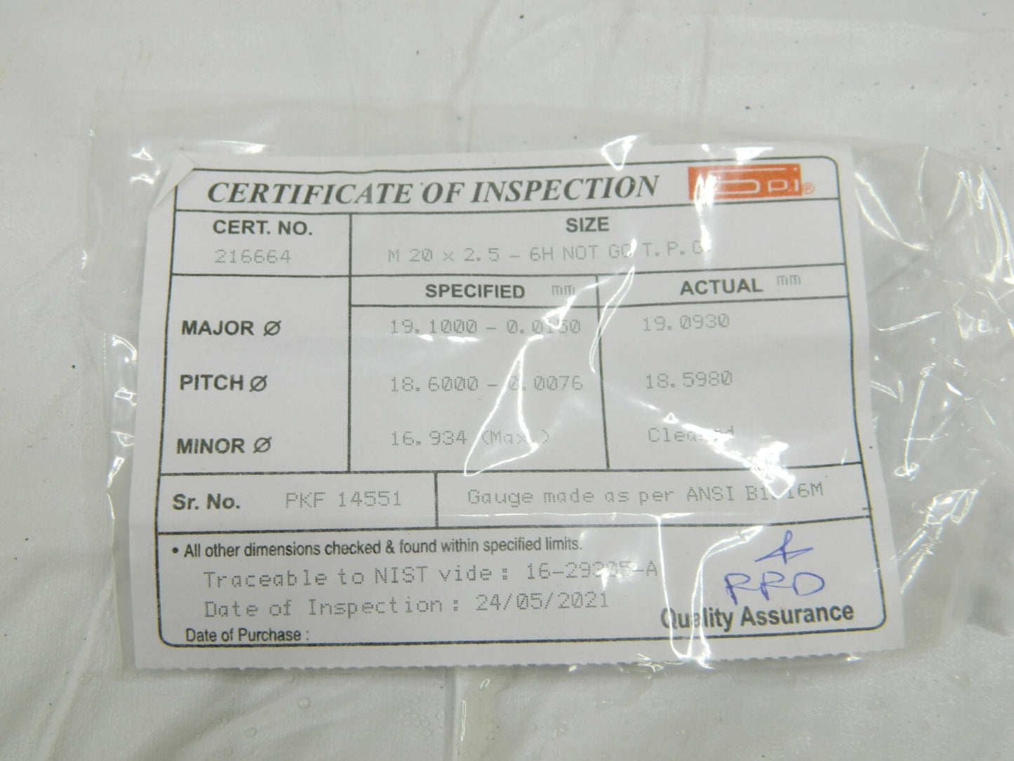 SPI Plug Thread Gage: M20x2.5 Thread, 6H Class, Single End, No Go 37-164-1