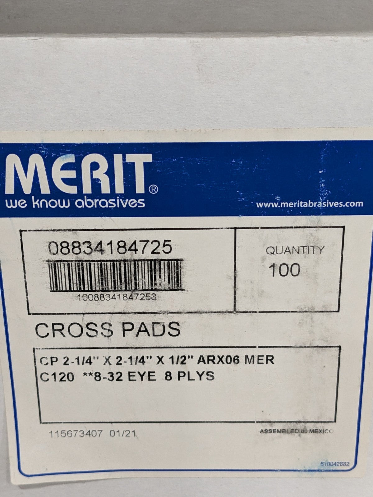 (100) Merit Aluminum Oxide Cross Pad: 2-1/4"x2-1/4"x1/2" 120G, Fine 08834184725