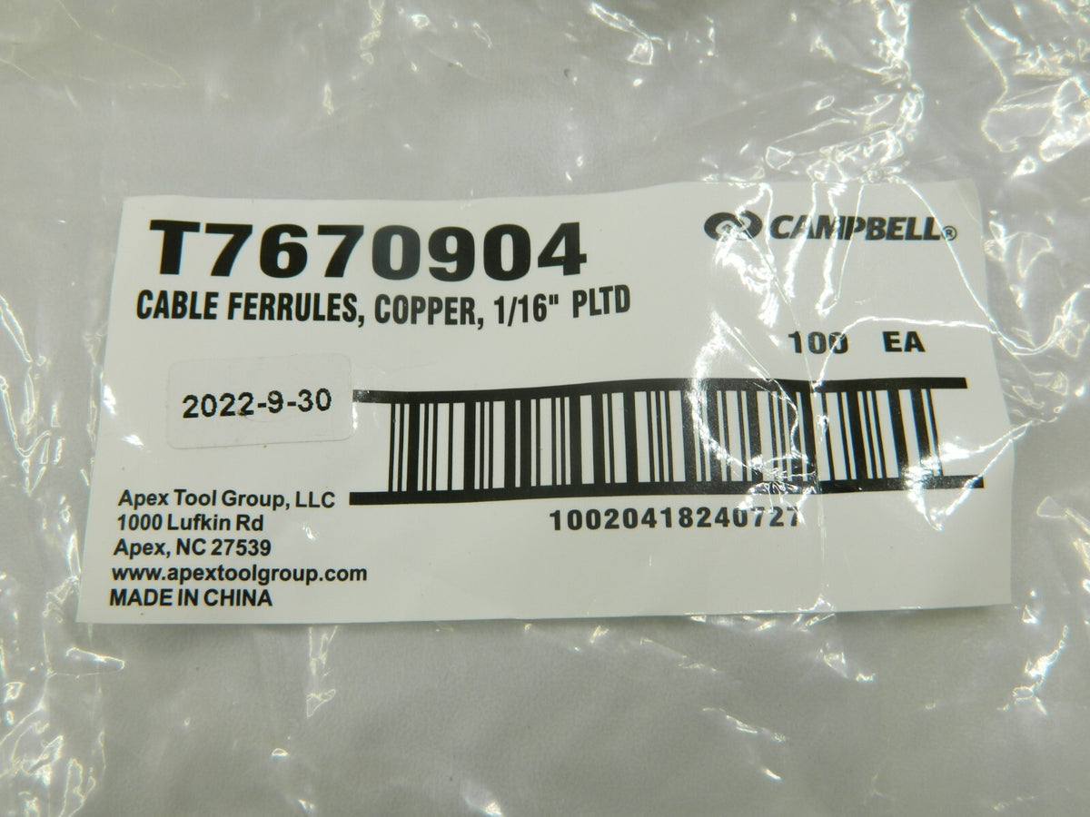 CAMPBELL Wire Rope Ferrule & Stop: 1/16 Rope Dia, Copper Qty 1,500 T7670904