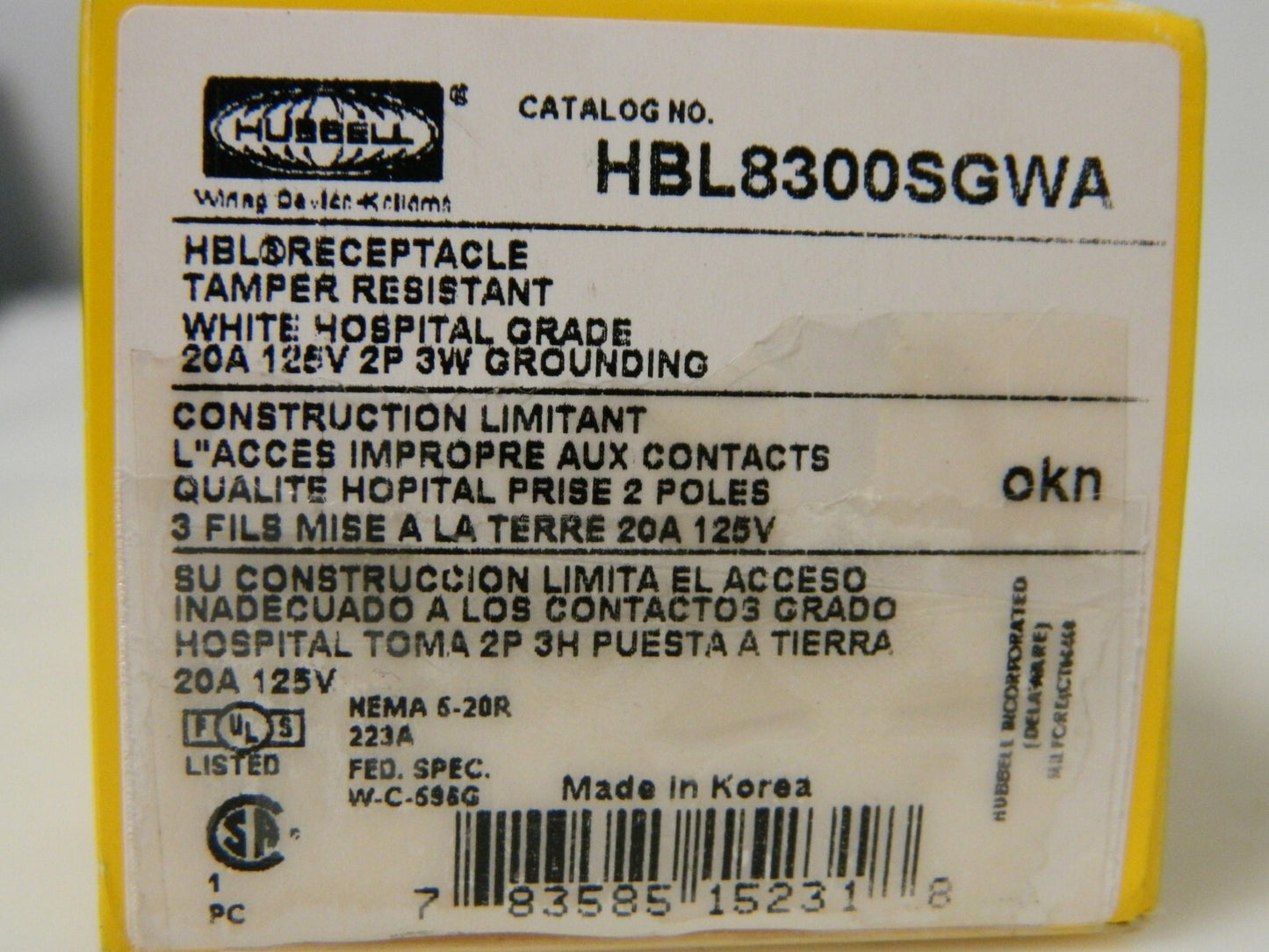 Hubbell Self Grounding Duplex Receptacle 125 VAC 20A HBL8300SGWA