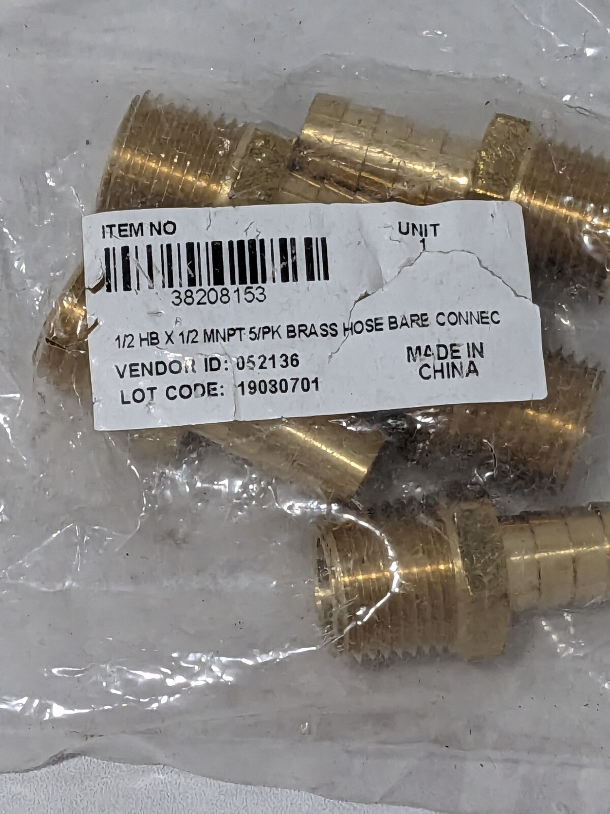 Barbed Hose Fitting: 1/2" x 1/2" ID Hose, Male Connector Qty 5 38208153
