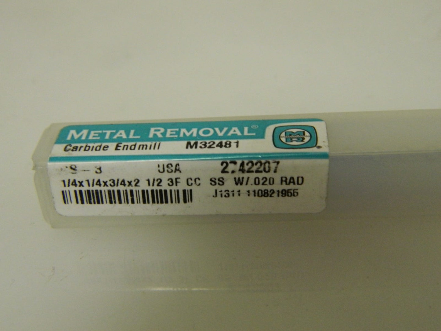 Metal Removal Corner Radius End Mill 1/4" Mill Diam 0.015 to 0.020" 3FL M32481