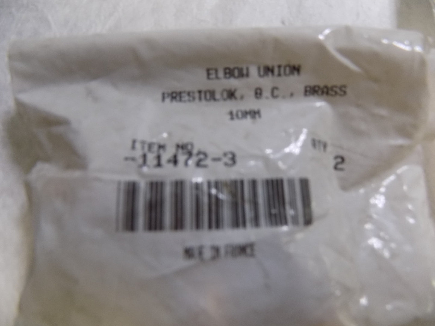 Barnes Distribution Union Elbow Prestolok Q.C. Brass 10mm OD 11472-3 Qty 4/Sale