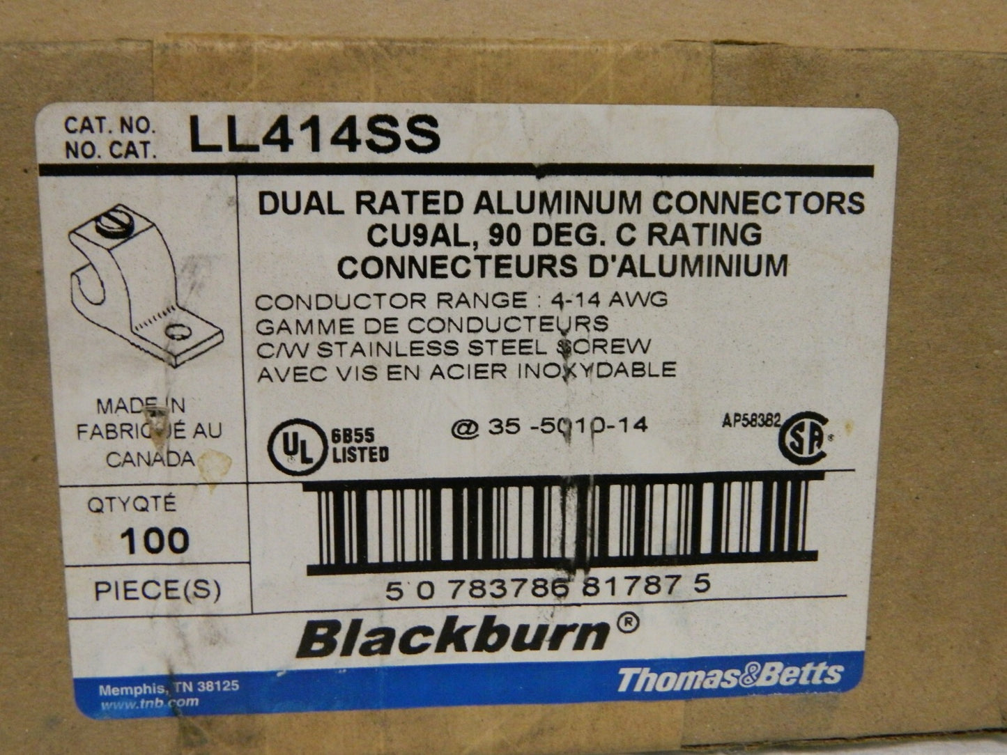 Thomas & Betts Dual Rated Alum Connectors Qty 100 LL414SS