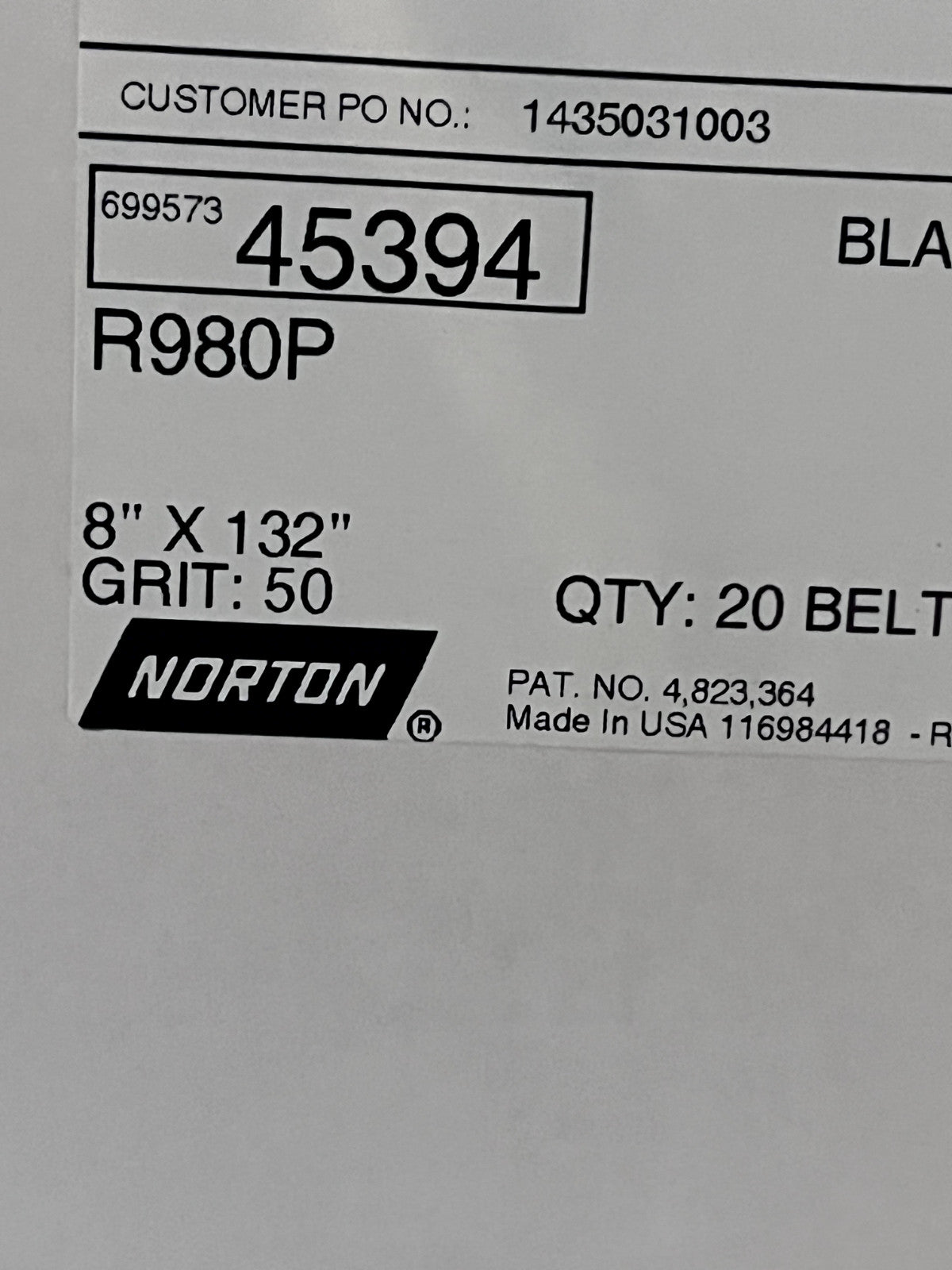 Norton Blaze R980 8X132 50G SANDING BELT QTY 20 69957345394