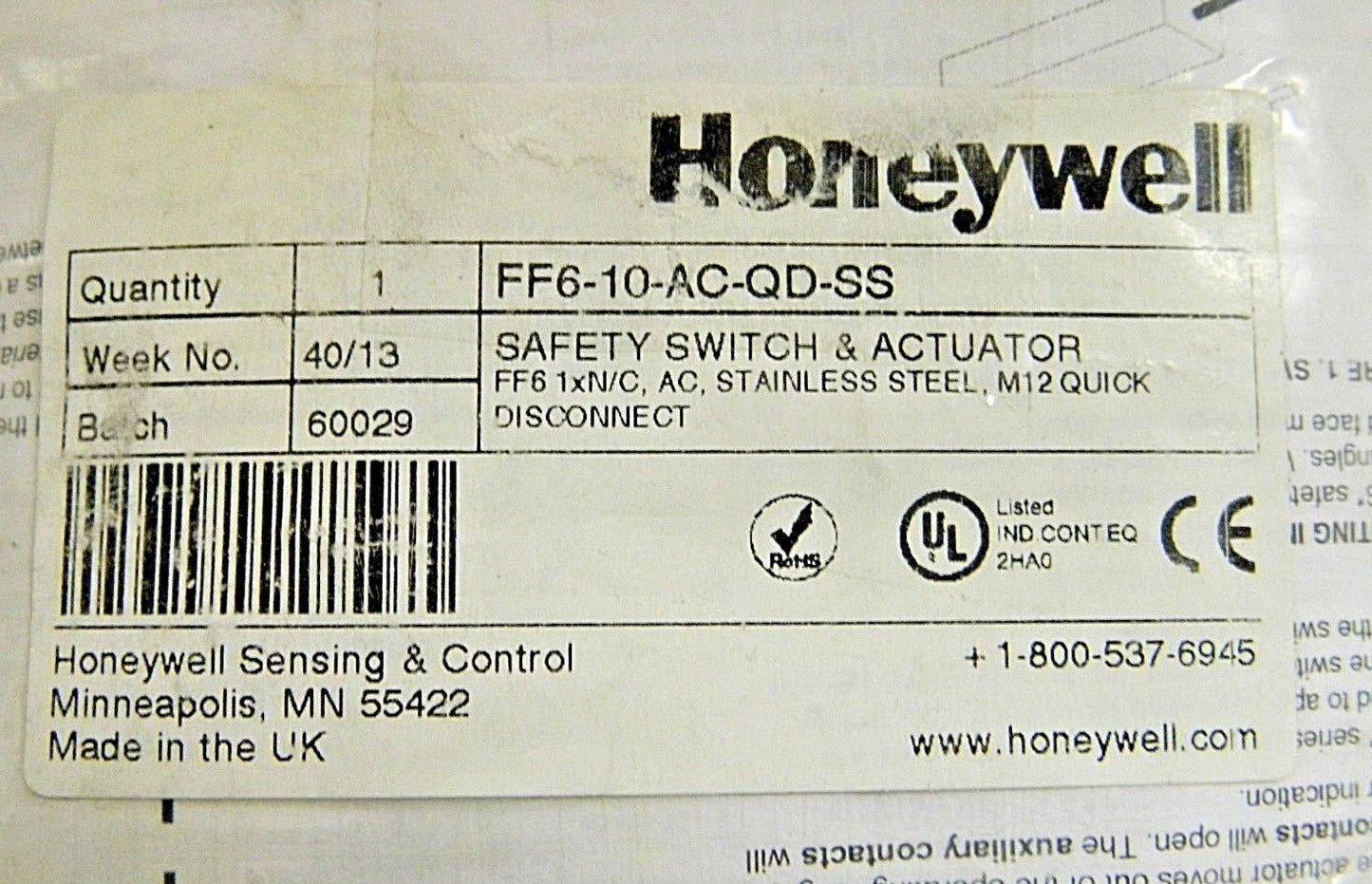Honeywell Safety Switch & Actuator NC M12 Quick Disconnect FF6-10-AC-QD-SS
