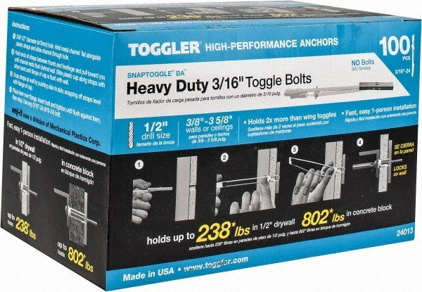 Toggler 1/2" Dia x 6-1/4" OAL, 3/16" Screw, Steel Toggle Bolt Anc