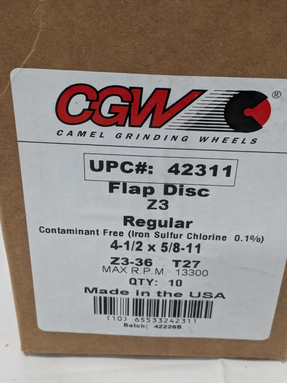 CGW Flap Disc: 4-1/2" Dia, 36 Grit, Zirconia Alumina, Type 27 Box of 10 42311