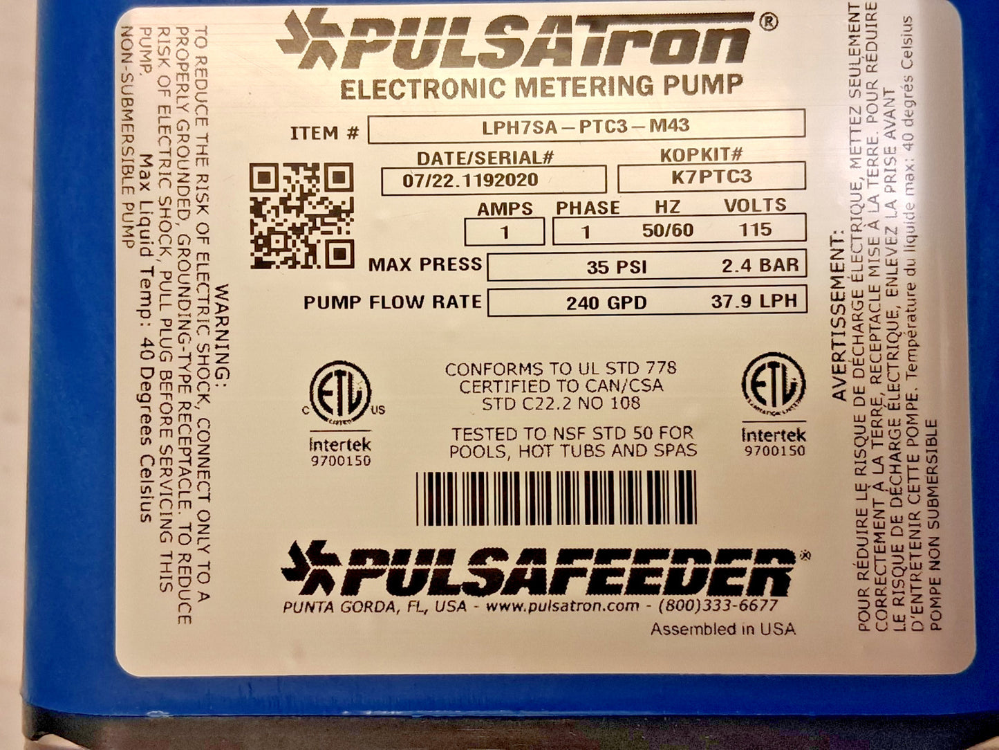 Pulsafeeder Electronic Metering Pump 115 Volt 35 psi 10 GPH LPH7SA-PTC3-M43