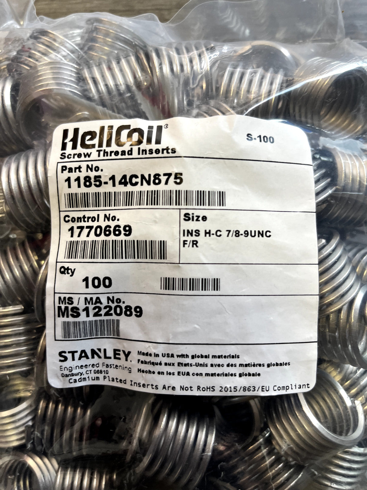 1185-14CN875 Tanged Non-Locking Insert, 7/8-9; Stainless Steel; 1 Dia. QTY 100