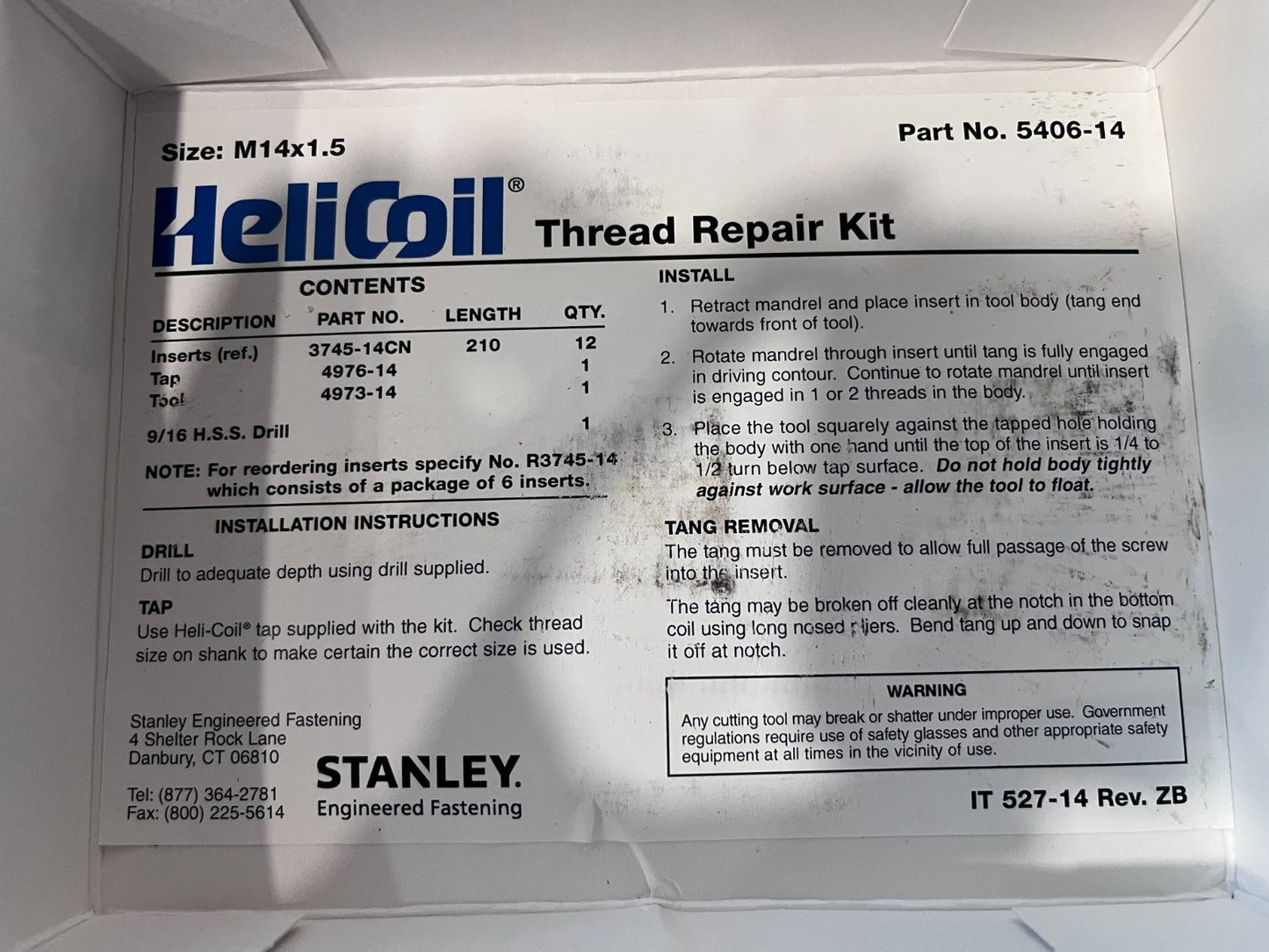 Heli-Coil Thread Repair Kit: Threaded Insert 21mm Insert Length