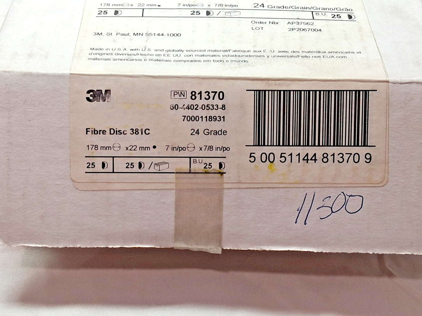 3M Aluminum Oxide Fibre Discs 381C 7" x 7/8" 24 Grit QTYT25 7000118931