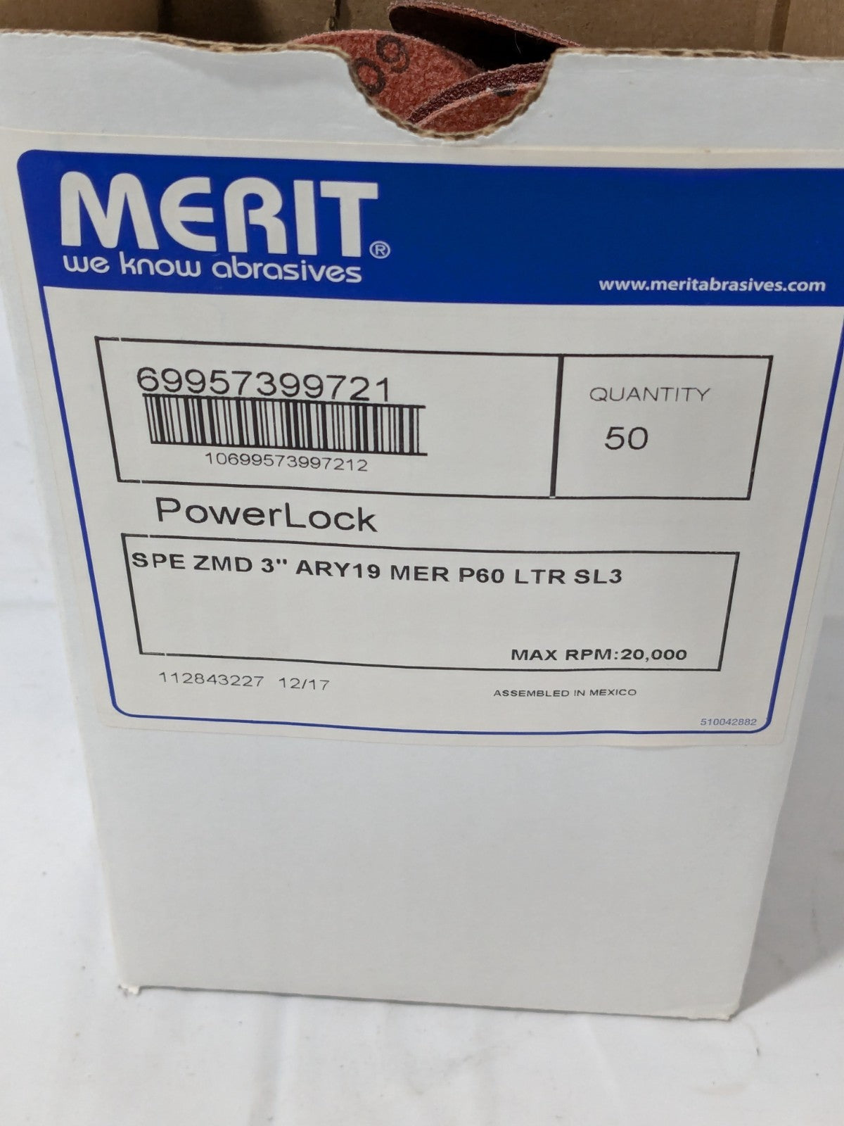 Merit Quick-Change Disc: Type R, 3" Dia, 60 Grit, AO, Coated Qty 50 6995739