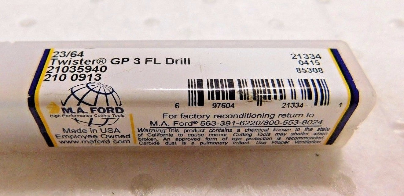 M.A. Ford Solid Carbide Twister GP Drill Series 210 23/64" Dia 135º 3FL 210