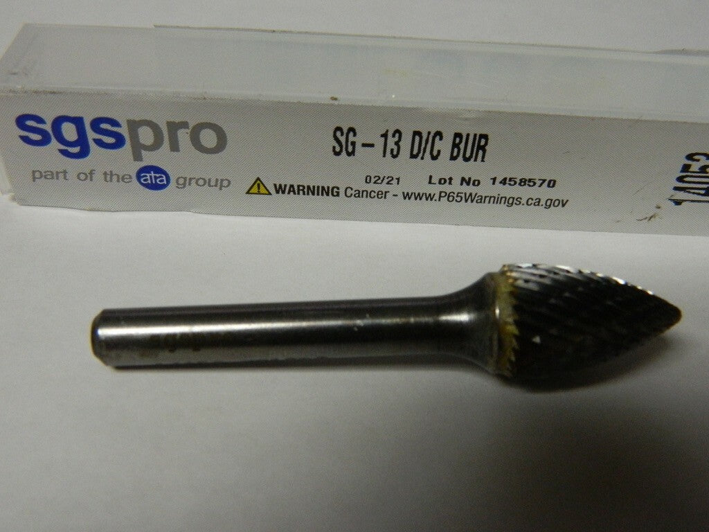 SGS PRO SG-13, 1/2" Cut Diam, 1/4" Shank Diam, Carbide Double Cut Tree Burr