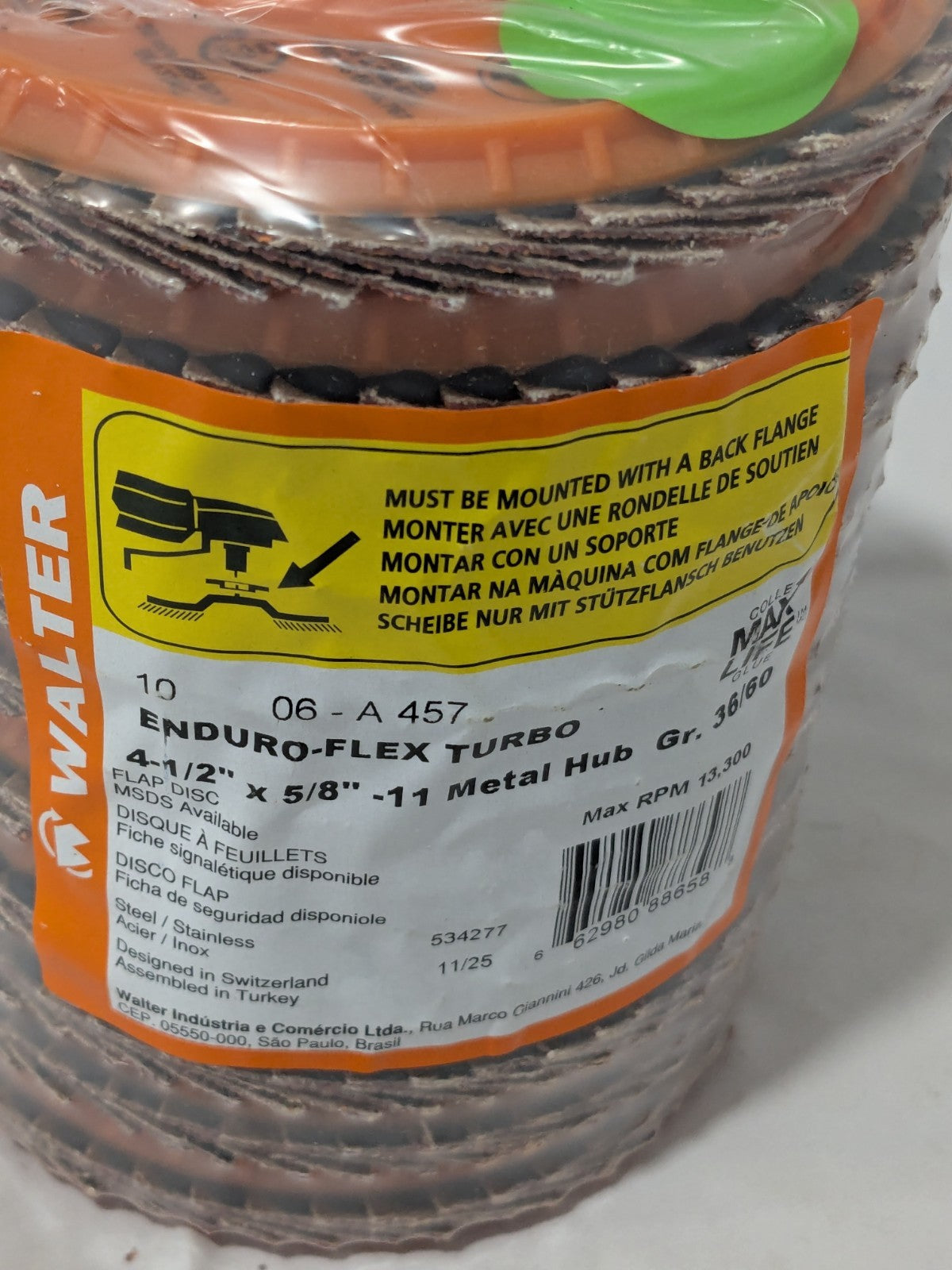 Walter Flap Disc: 4-1/2" Dia, Ceramic Alumina, Type 27 Qty 10 06A457
