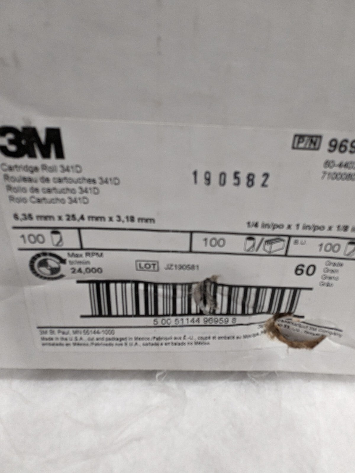 3M Straight Cartridge Roll: 1/4" Dia, 60 Grit, Aluminum Oxide Qty 100 7100080022