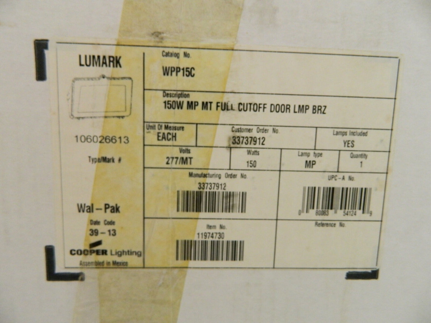 Cooper Lighting Metal Light Fixture 150 Watt 120-277 Volt WPP15C