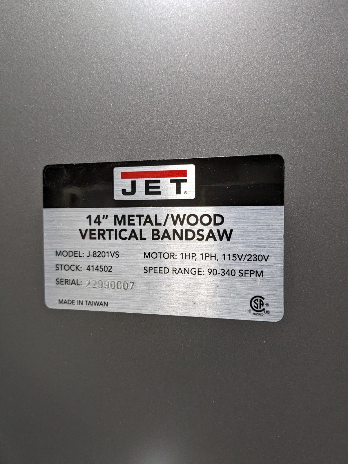 Jet 14" Metal / Wood Vertical Variable Speed Bandsaw 115v J-8201VS Parts/Repair
