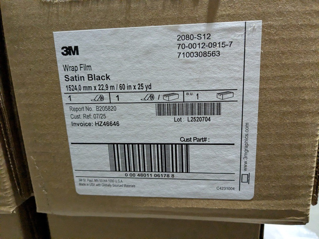 3M Wrap Film Series 2080-S12 Satin Black 60 In. x 25 Yd. Roll 7100308563