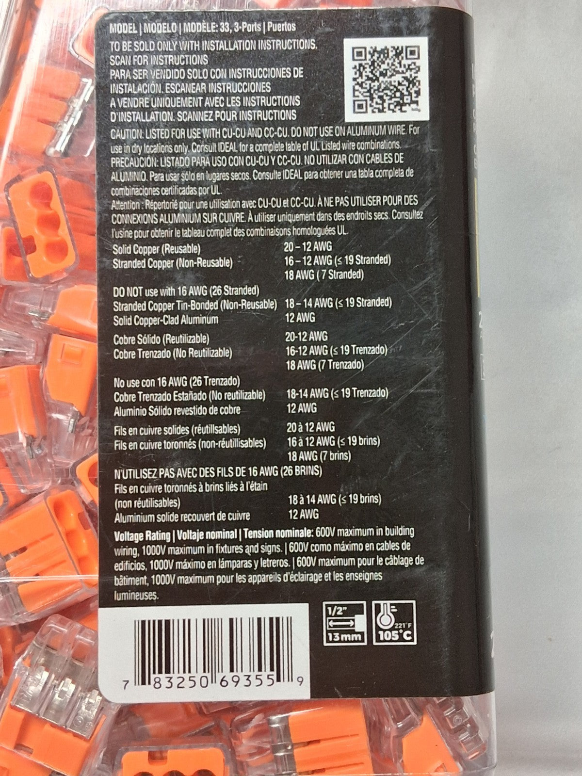 IDEAL 3 Port Push-In Wire Connector 18 to 12 AWG Orange QTY250 30-1033J