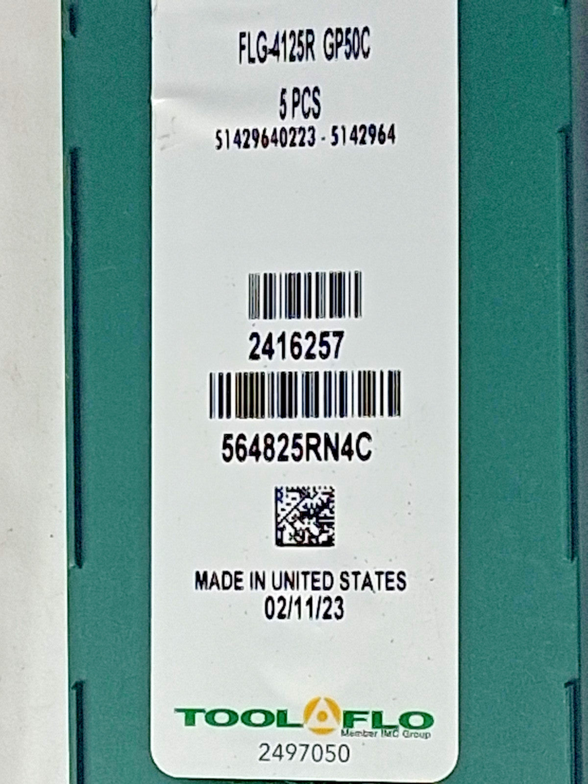Tool-Flo Carbide Grooving Inserts QTY5 FLG-4125R GP50 564825RN4C