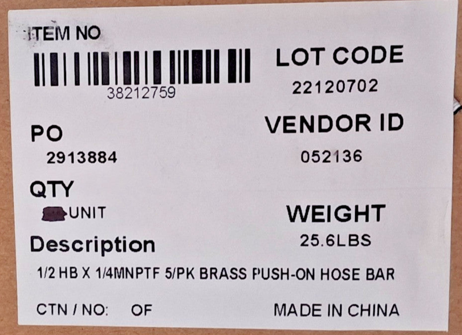 QTY 5 Brass Barbed Push-On Hose Male Connectors 1/4" NPT 2750002630