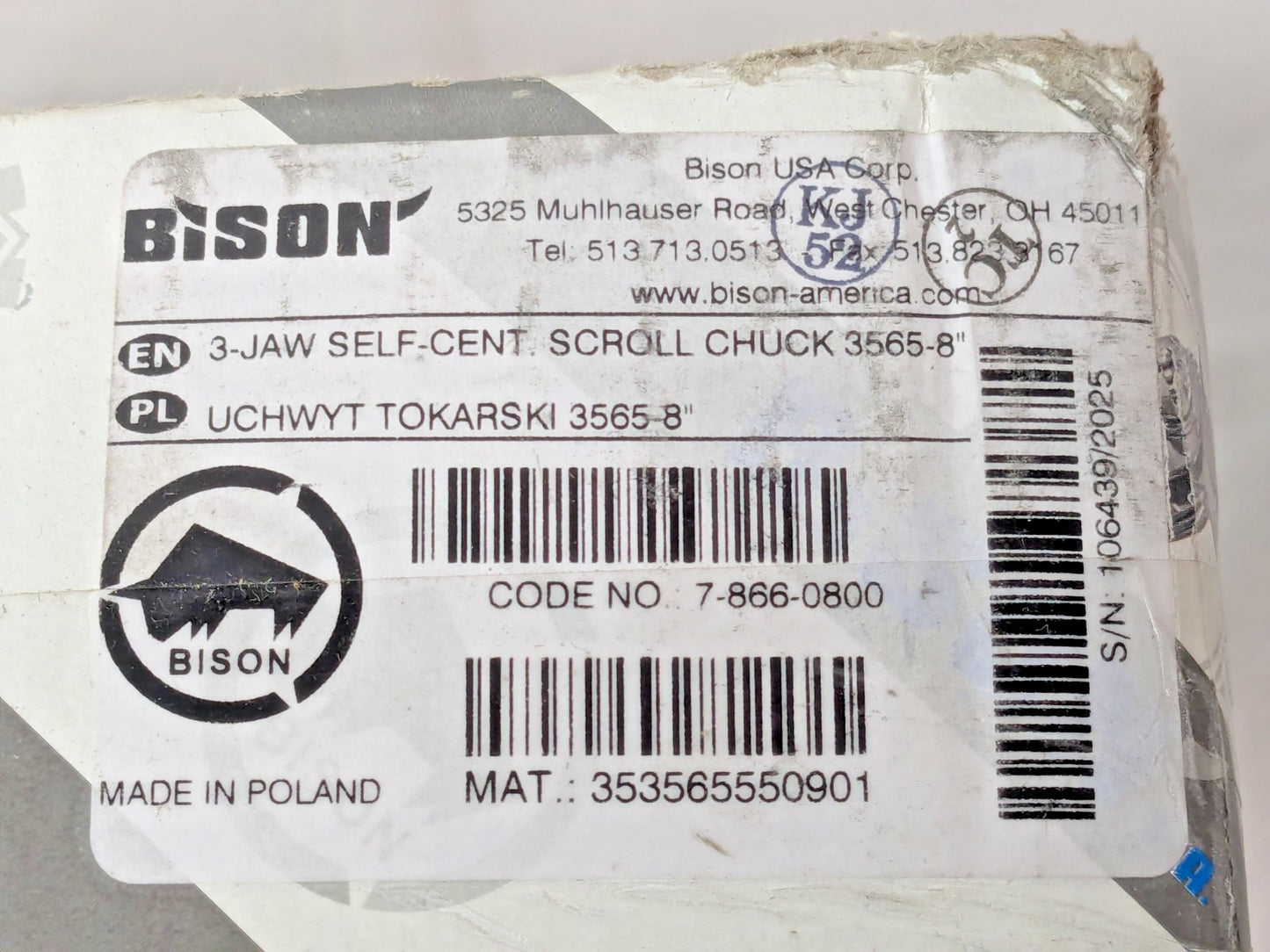 Bison 3 Jaw Self Centering Manual Lathe Chuck 8"Dia Front Mount 7-866-0800