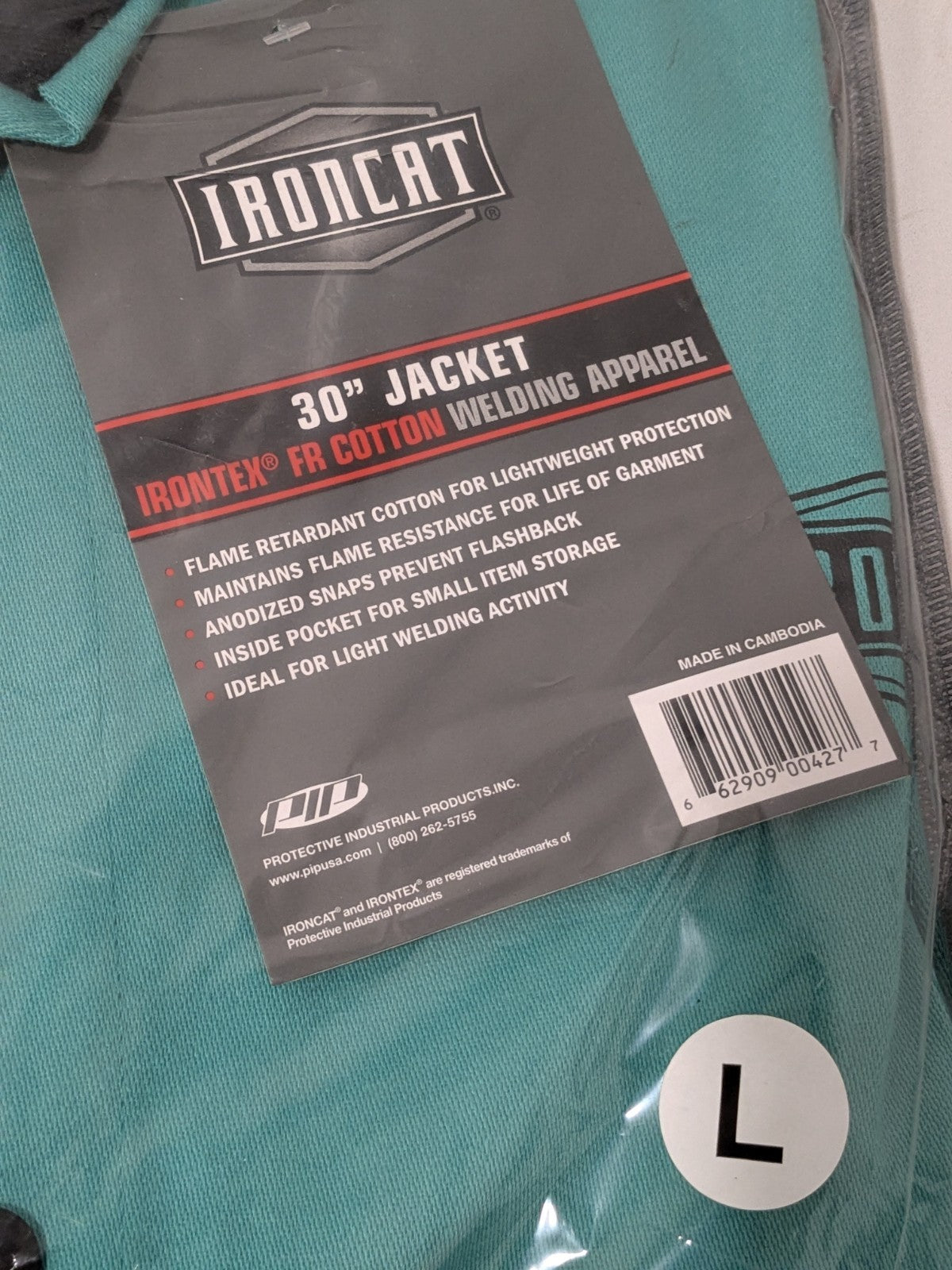 Ironcat Jacket: Fire-Resistant & Welding, Size Large, Cotton, Green 7050/L