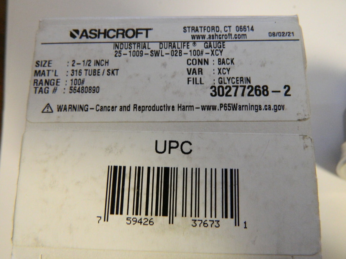 Ashcroft 2-1/2" Dial, 1/4 Thread, 0-100 Scale Range, Pressure Gauge