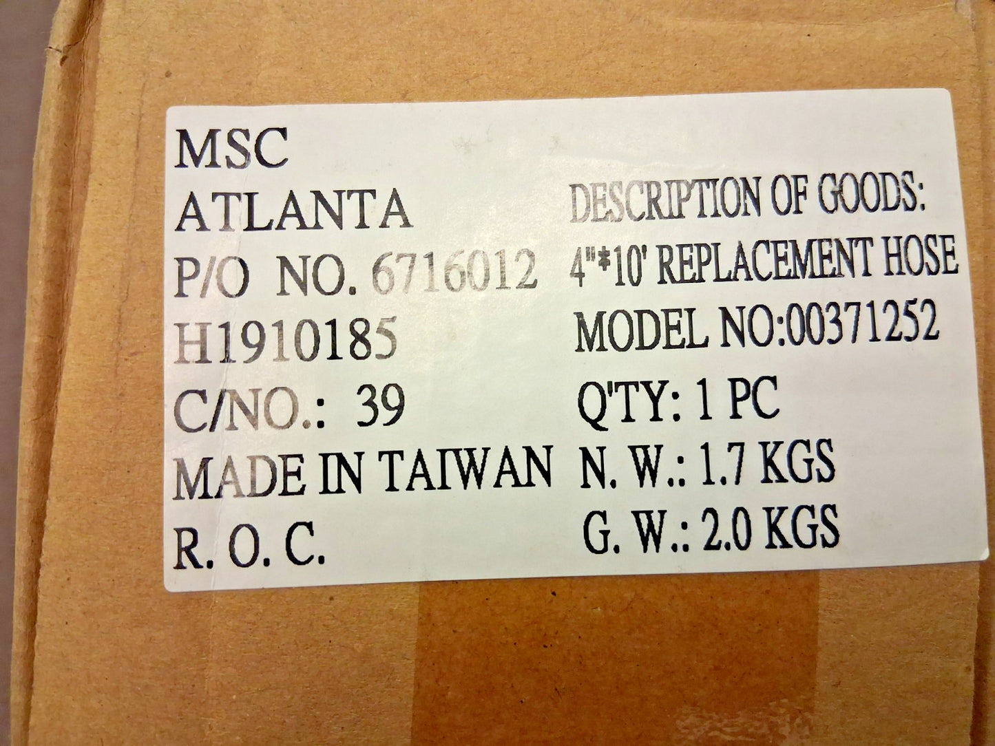 Professional REPLACEMENT HOSE FOR DUST COLLECTORS 4"X10ft 00371252