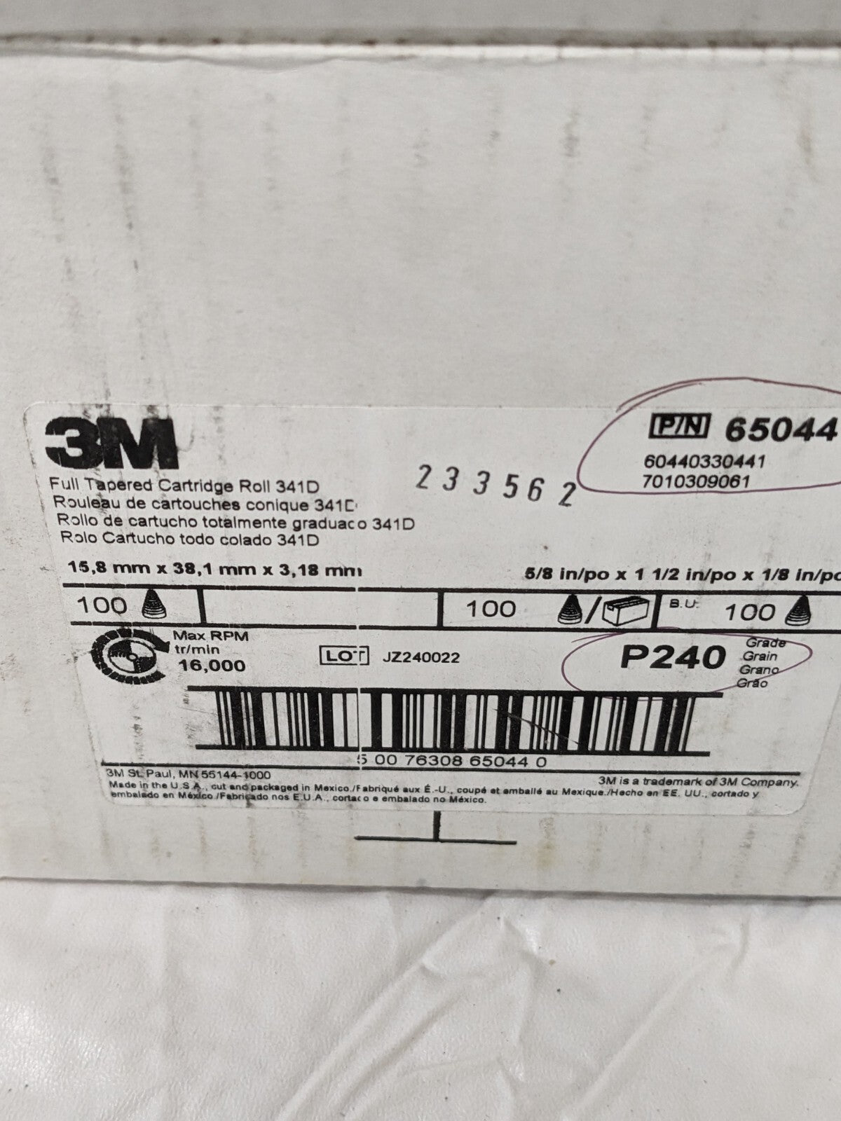 3M Straight Cartridge Roll 0.625" Diam, 1.500" OAL, P240G, AO Qty 100 7010309061