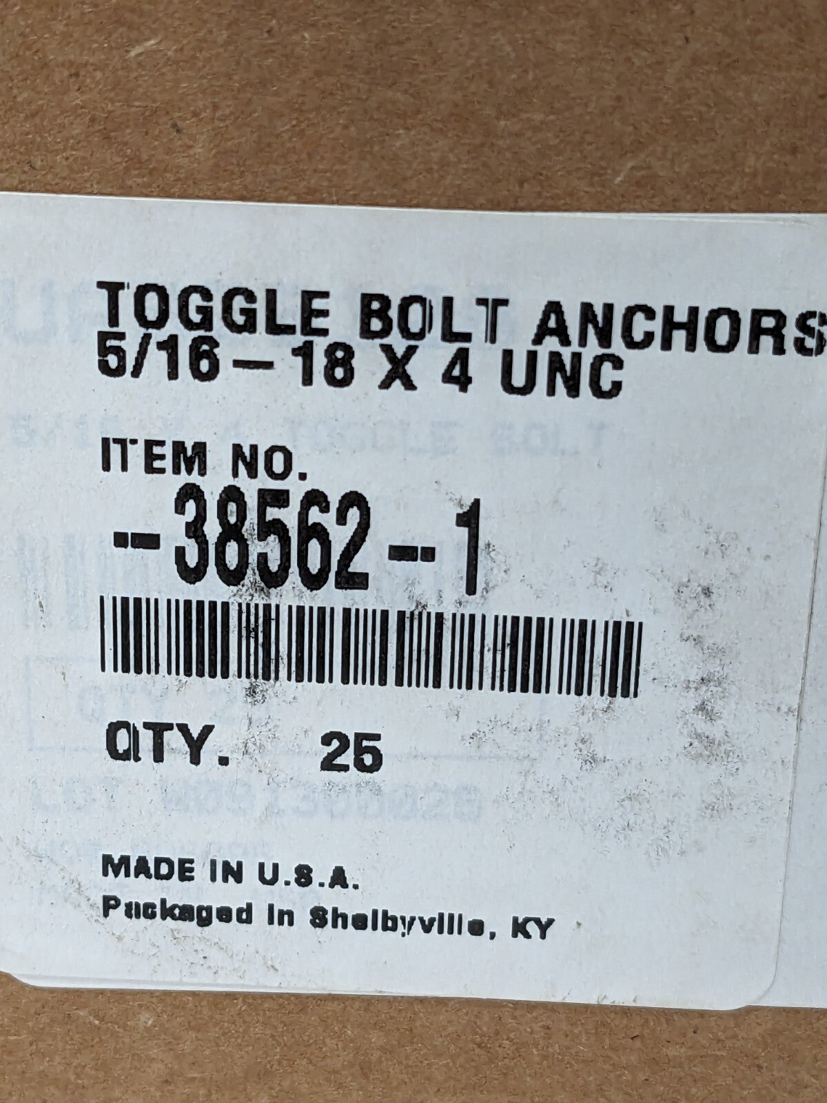 Toggle Bolt Drywall & Hollow Wall Anchor 5/16" Diam x 4" OAL Box of 25 -38562-1