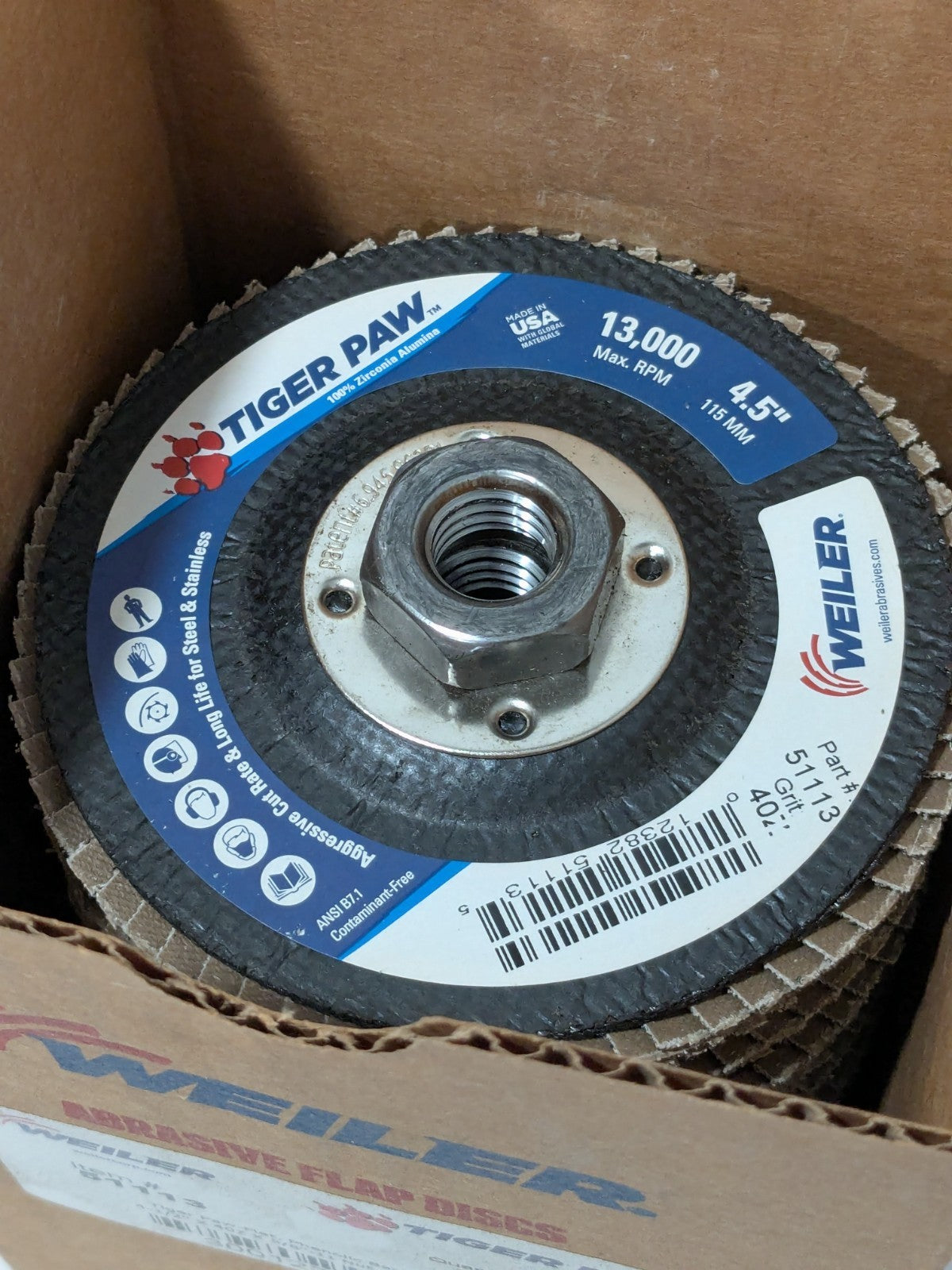 Weiler Flap Disc: 4-1/2" Dia, Zirconia Alumina, Type 27 Qty 10 51113