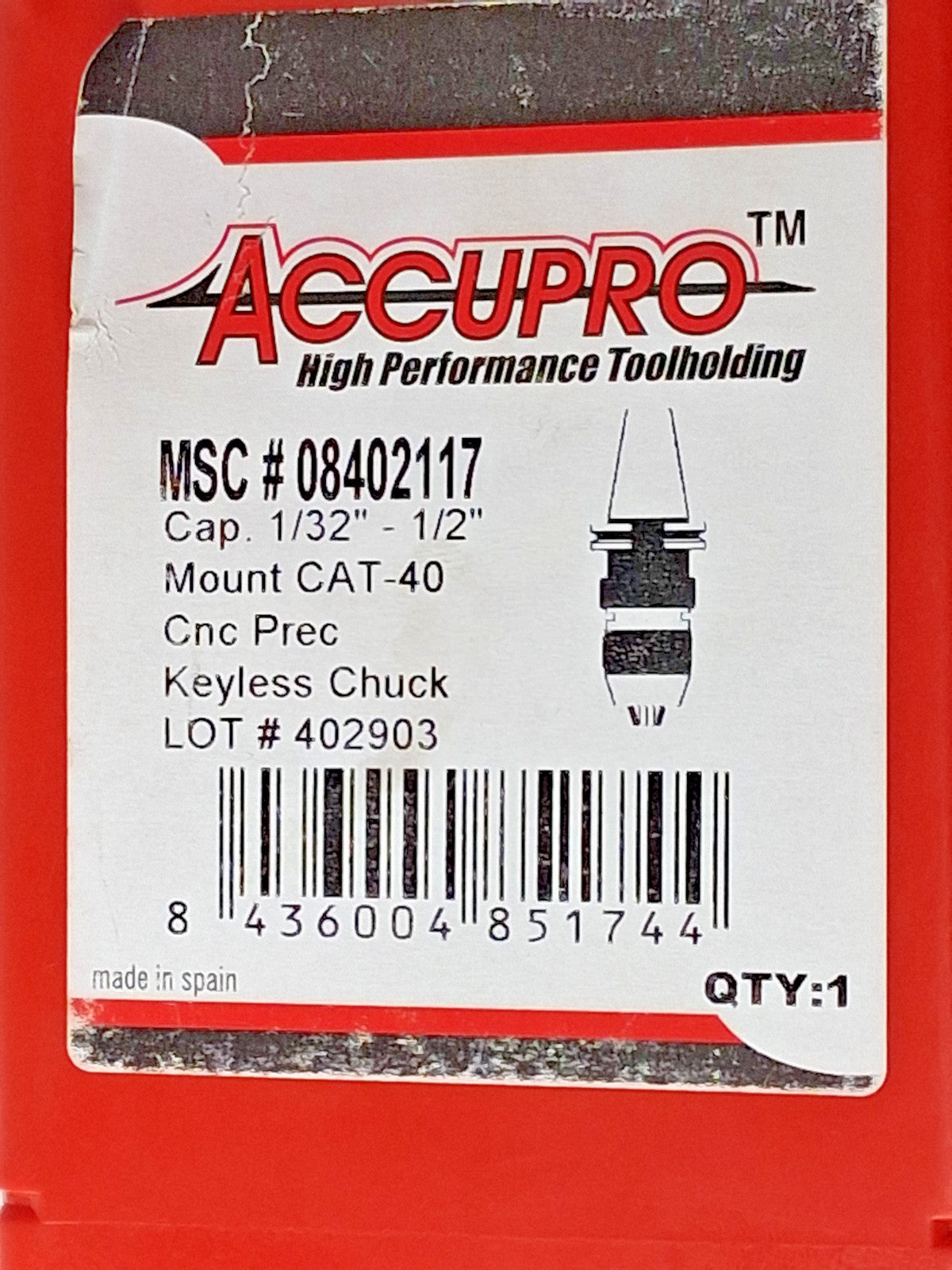 Accupro Drill Chuck Integral Shank Mount 1/32 to 1/2" Capacity CAT40 08402117