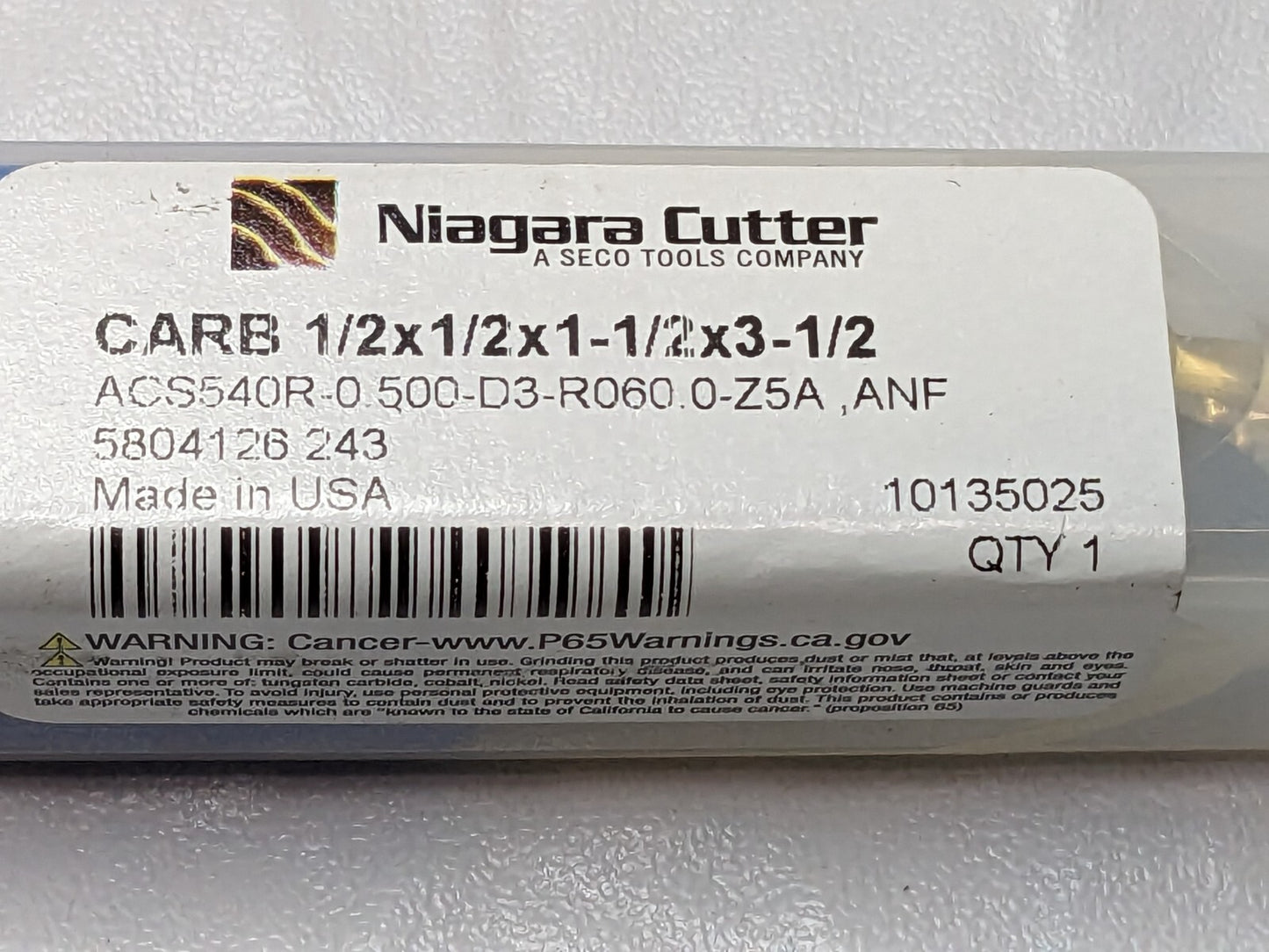 NIAGARA CUTTER Carb CR End Mill 1/2"D 5FL ACS540R-0.500-D3-R060.0-Z5A 10135