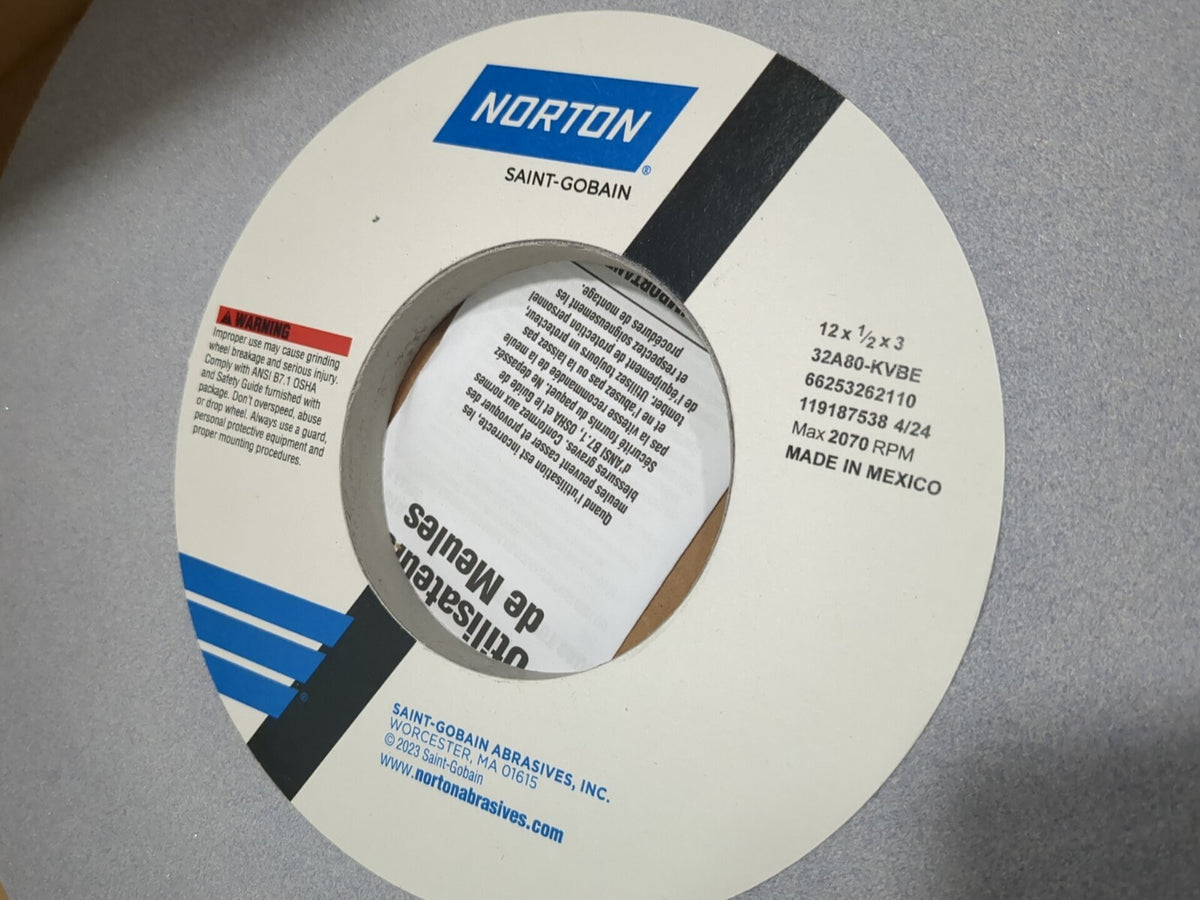 NORTON Surface Grinding Wheel 12"Dia 1/2"Thick 3"Arbor 80 Grit 66