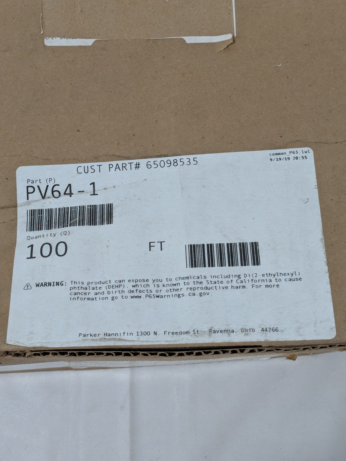 Parker Vinyl Tube 1/4" ID x 3/8" OD, 1/16" Wall Thickness, 100' Long PV64-1