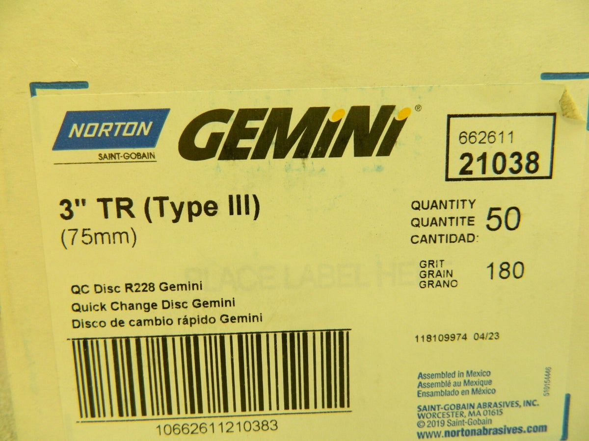 Norton Quick Change Disc R228 Gemini 3" TR 180 Grit Qty 50 21038