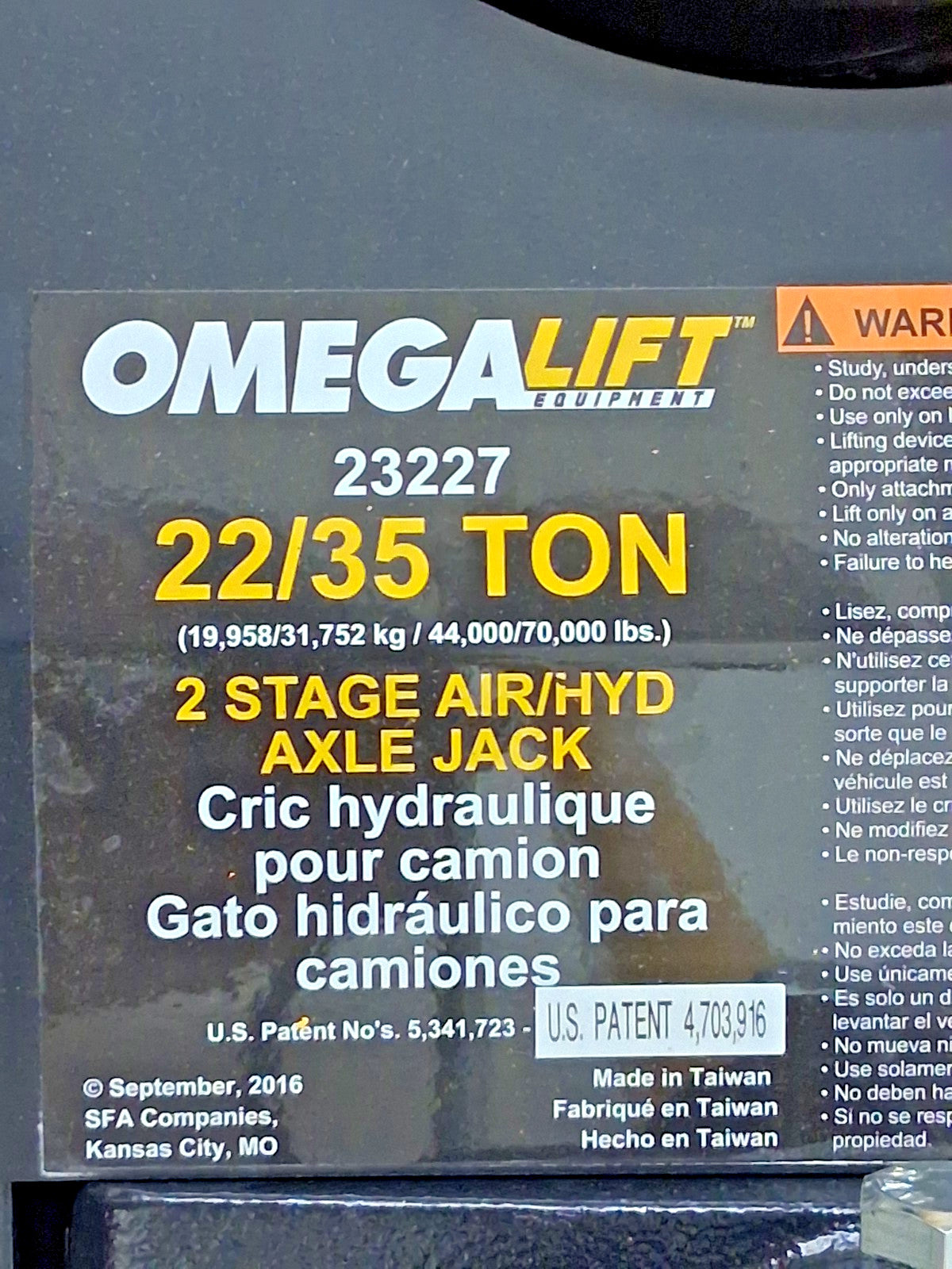 Omega Lift Equipment Dual Stage Air Actuated Truck Jack 35 Ton Capacity 23227