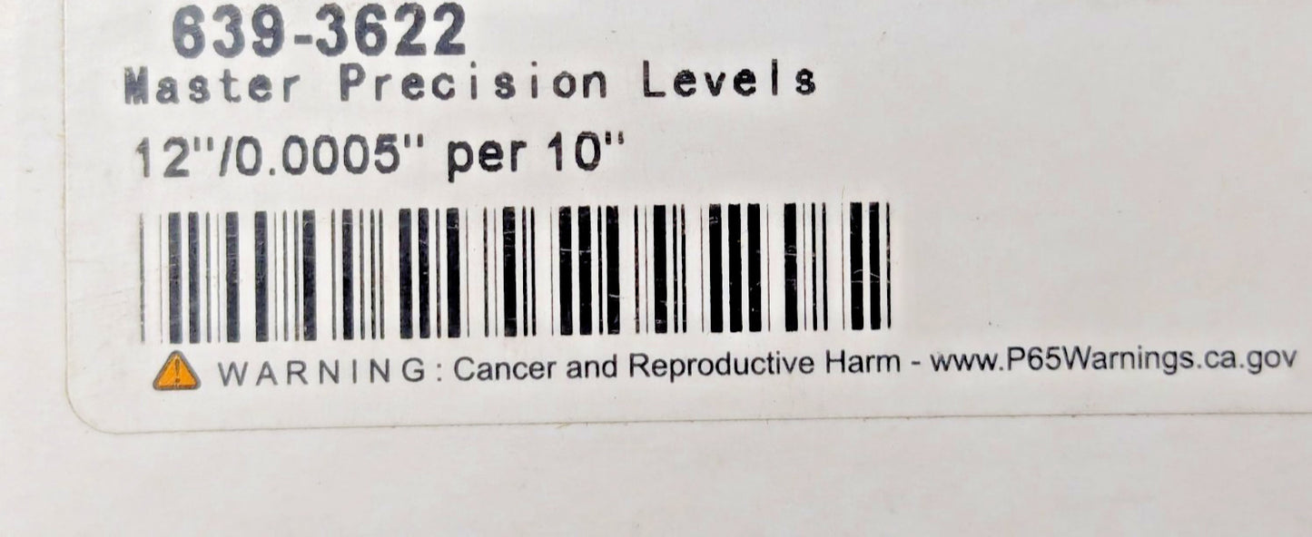 12" Master Precision Level 0.0005" Sensitivity Per 10" 639-3622