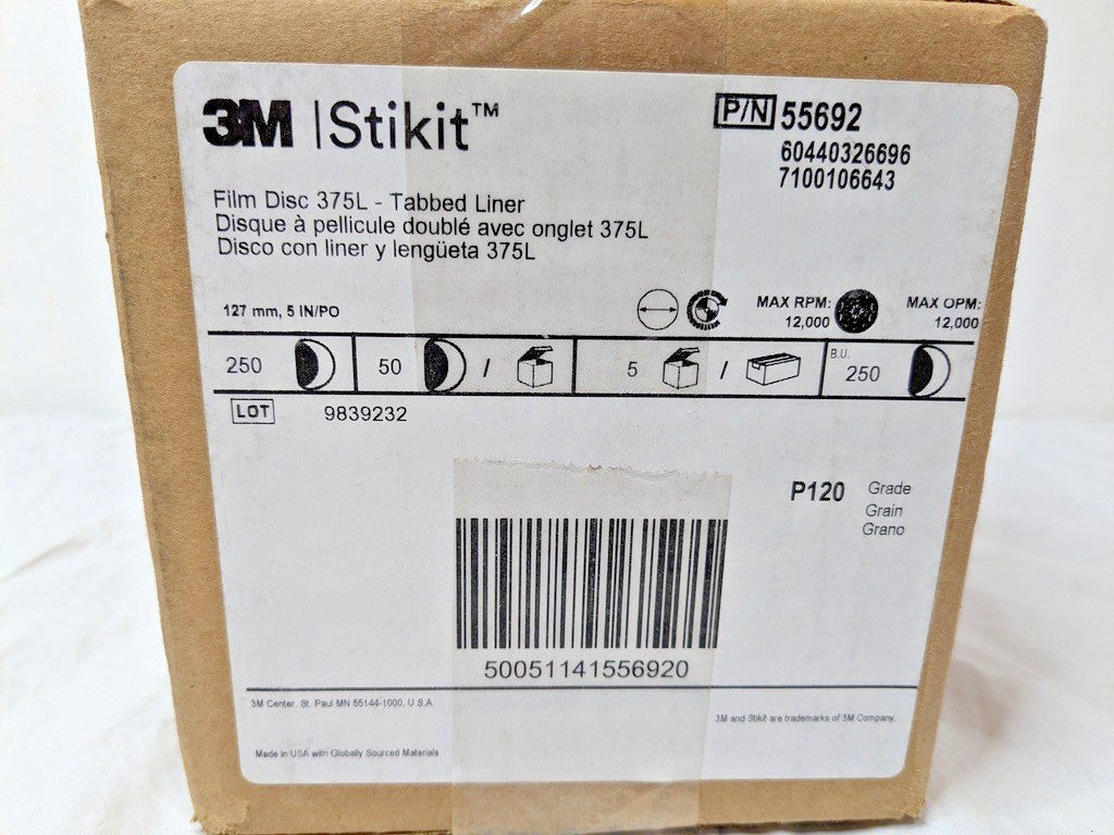 250 PACK 3M Stikit Film Discs 375L w/Tabbed Liner 5"Dia P120 55692 7100106643