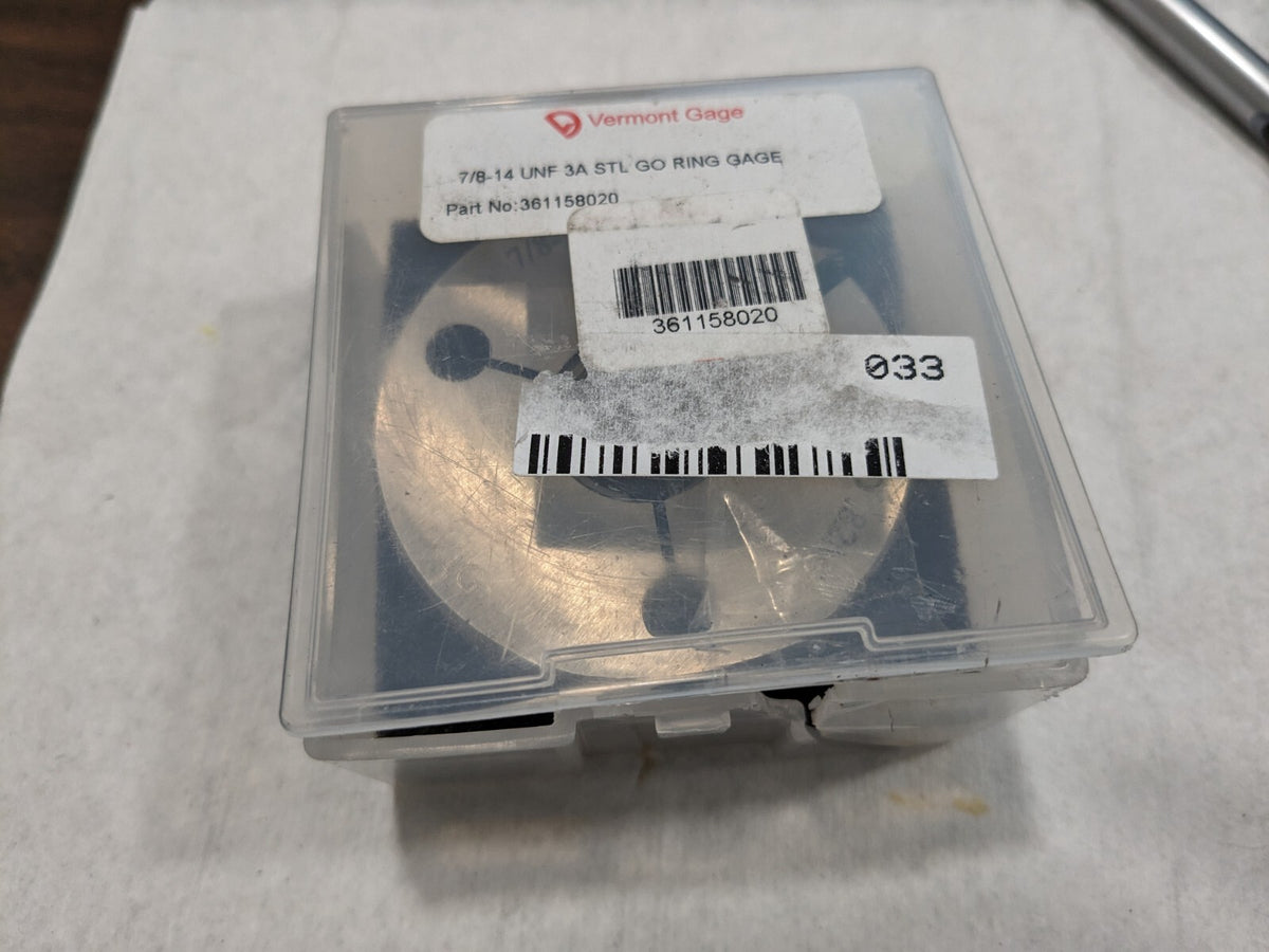 VERMONT GAGE Threaded Ring Gage: 7/8-14 Thread, UNF, Class 3A, Go 361158020